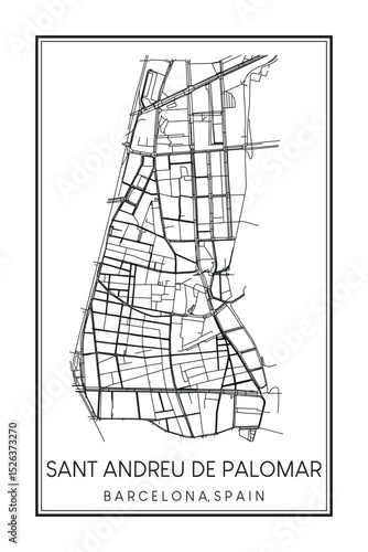 Hand drawn printable downtown road map poster of borough SANT ANDREU DE PALOMAR of the Spanish city of BARCELONA on solid white background with city name