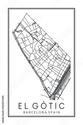 Hand drawn printable downtown road map poster of borough EL GÒTIC of the Spanish city of BARCELONA on solid white background with city name
