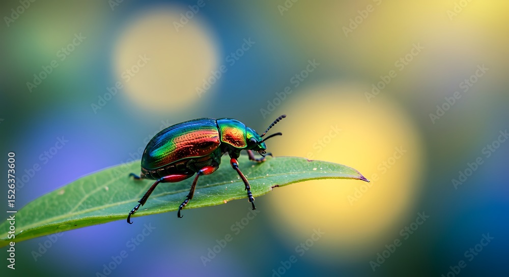 Naklejka premium Iridescent Green And Red Beetle On Leaf Macro Photography