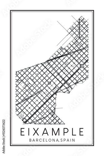 Hand drawn printable downtown road map poster of borough EIXAMPLE of the Spanish city of BARCELONA on solid white background with city name