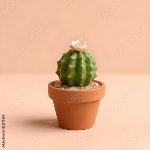 Small potted flowering cactus on a warm minimalist background