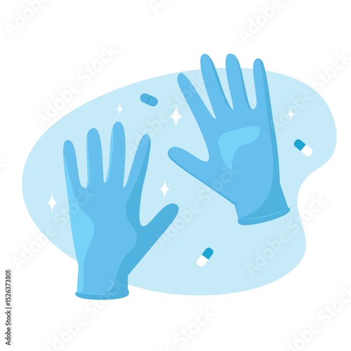 Protective blue gloves in flat style. Medical or cleaning safety equipment with pills and clean background. Vector illustration for healthcare, hygiene, hospital, and protection themes