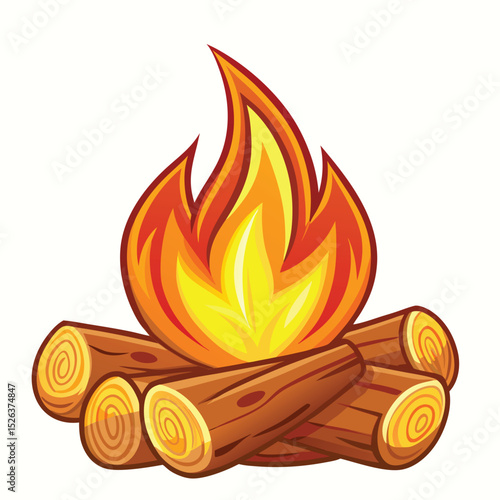 Vibrant cartoon illustration of a campfire with flames burning above wooden logs