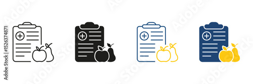 Medical Nutrition Plan Line and Solid Icon Set. Health and Diet Management Symbol Collection. Isolated Vector Illustration