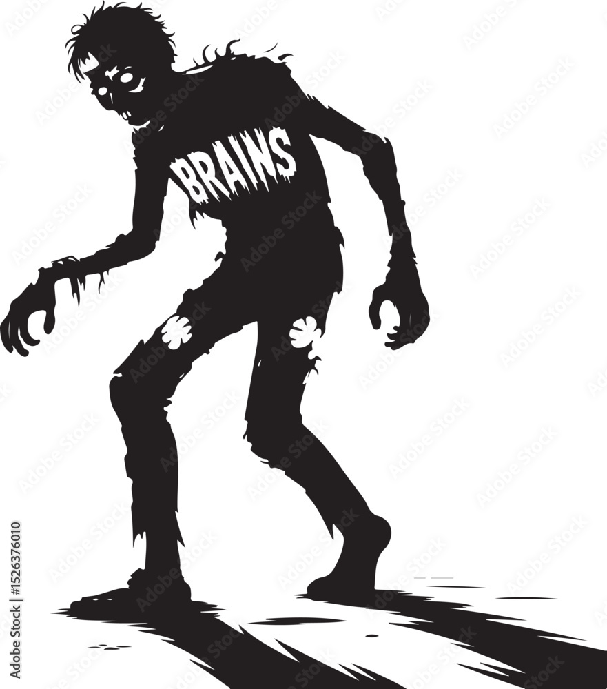 Fototapeta premium zombie silhouette walking with outstretched arms wearing brains text on chest halloween horror spooky undead creature vector