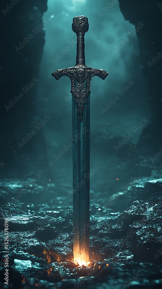 Naklejka premium Battle-Worn Sword Amidst Fiery Cracks High Resolution Picture