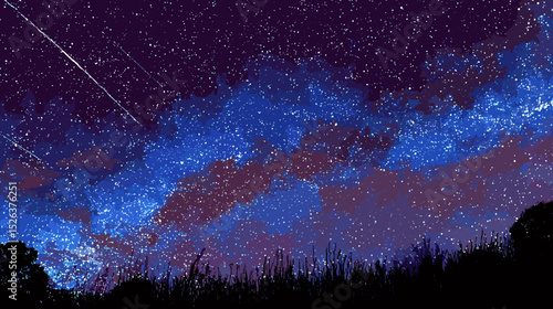 満天の星と流れ星が輝く幻想的な夜空のベクターイラスト