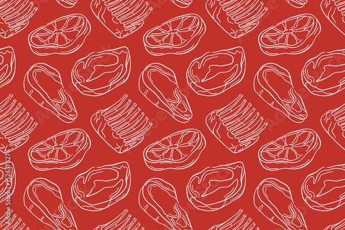 Seamless pattern with raw meat cut, steak, ribs and lamb line art style. Perfect for butcher shop packaging, kitchen wallpaper or grocery store.