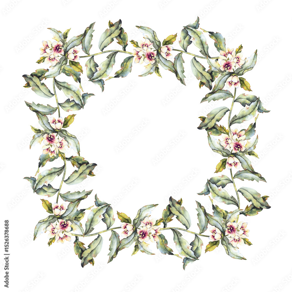 Naklejka premium Watercolor illustration poisonous henbane with flowers and green leaves frame. for use in educational materials, medical and herbology books, Halloween design, and topics related to danger, toxicity.