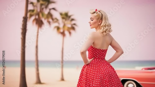 Retro Beach Beauty: Vintage Style Model Posing by Classic Car and Palm Trees