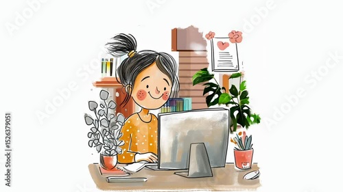 Video with a girl. Working on a computer