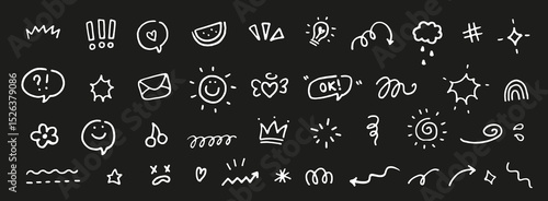 Cute doodle summer design elements. Text marks, arrows, heart, sun. Hand drawn symbols, characters. Sketch line style.