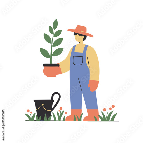 Gardener with brown skin in a proud mood holding a potted plant in a garden with a bucket nearby with copy space