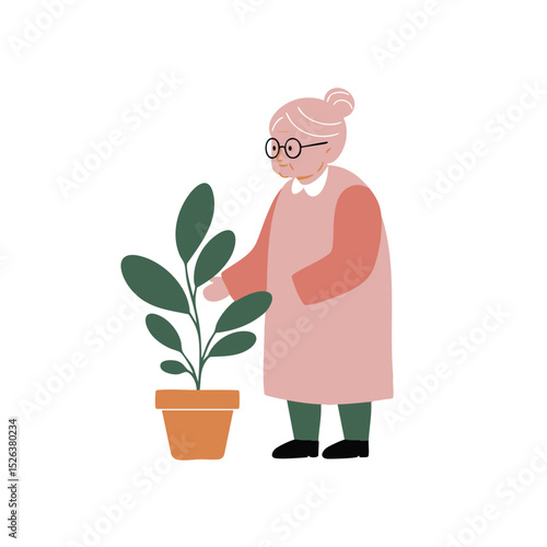 Elderly woman with hair in a bun in a calm and caring mood gently tending to a potted plant against a white background with copy space