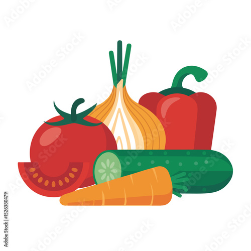 Colorful and simplified illustration of various fresh and healthy vegetables for culinary purposes