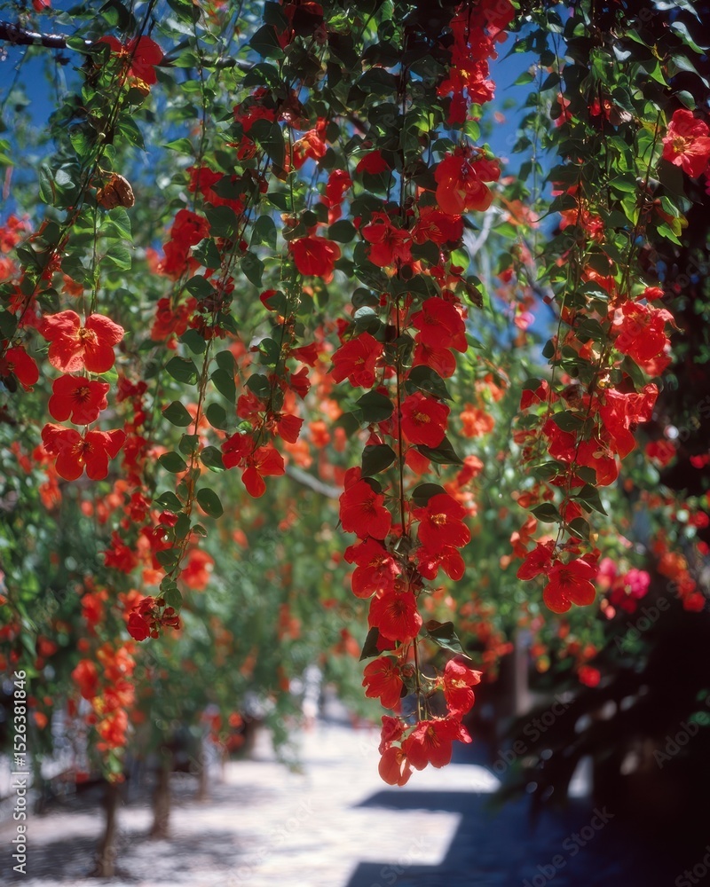 Vibrant orange blossoms cascade down a tropical pathway. Vibrant orange blossoms cascade down a tropical pathway.