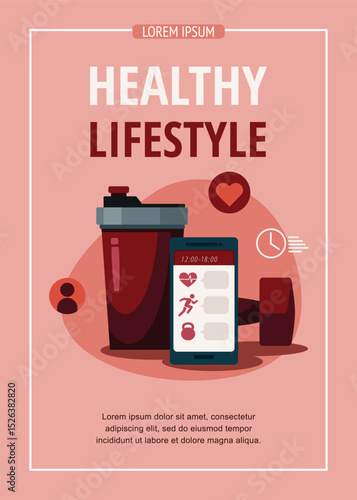 Different sports equipments and nutrition supplements on red background. Sport and healthy lifestyle. Flyer leaflet, template.