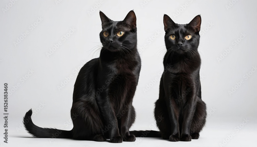Two Elegant Black Cats Sitting Together Studio Shot Domestic Animals Two Elegant Black Cats Sitting Together Studio Shot Domestic Animals