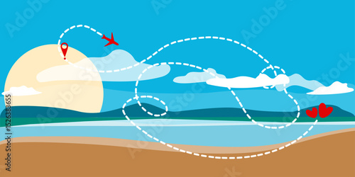 Summer seascape with airplane trajectory. Vector drawing in flat style. Wedding trip, romantic vacation, vacation for lovers. Blue sky and sea, clean sandy beach. Design for travel agency, silence