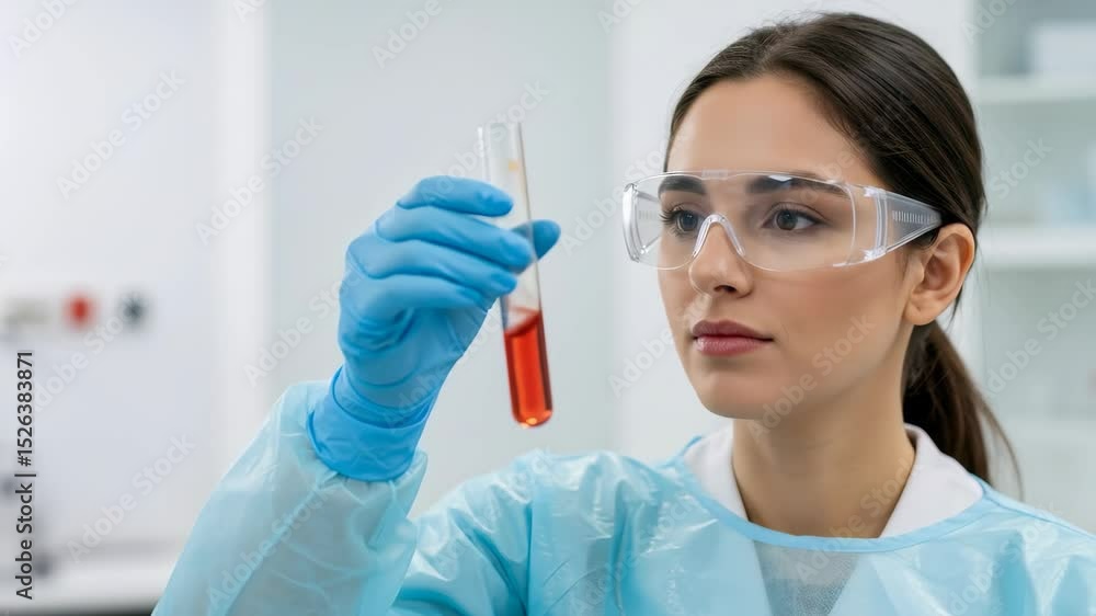 Woman scientist looks at red liquid in test tube. Laboratory research and scientific experiment concept footage. Woman scientist looks at red liquid in test tube. Laboratory research and scientific experiment concept footage.