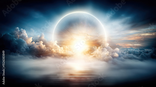 Bright light from heaven shining through an open door with stairs and rays and presence God