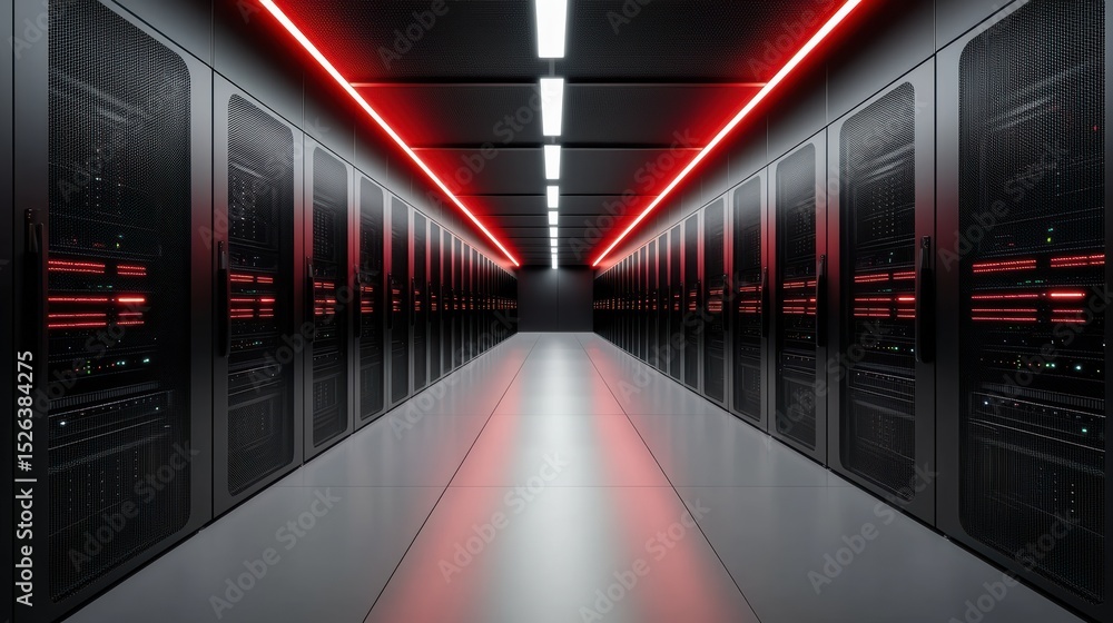 Fototapeta premium Futuristic Data Center Interior with Server Racks Illuminated by Red Lighting in Symmetrical Perspective