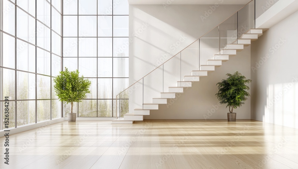Obraz premium Modern open-plan staircase in bright, spacious interior with large windows overlooking city
