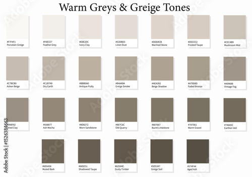 26 Warm Greys and Greige Shades - 3d Light Faded Orange Gray to Deep Dark Black Orange Tones - with HEX Codes and Names, Colour Swatches, Scheme and Combinations