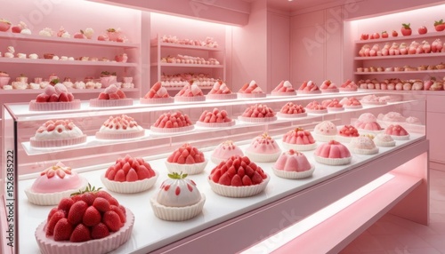 Delicious Strawberry Desserts Displayed in a Pink Pastel Bakery Shop