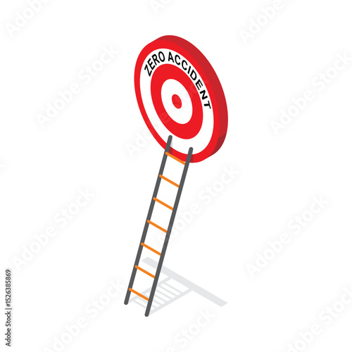 Climbing the straight ladder to achieve zero accidents goal. Vector illustration of safety target in industrial or construction.
