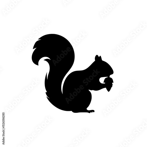 Silhouette of a squirrel holding an acorn against a white background on white background , no background