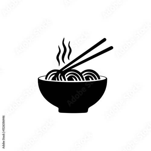 Black bowl filled with noodles and chopsticks with rising steam art on white background , no background