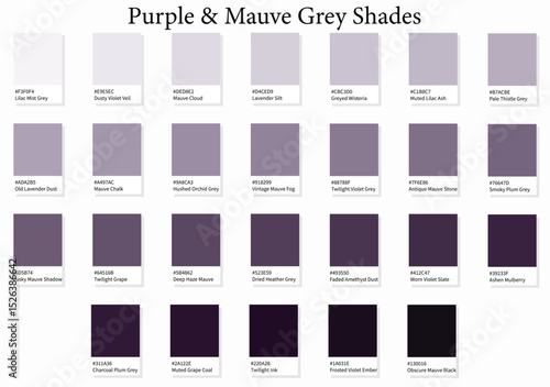 26 Purple & Mauve Grey Shades - 3d Light Faded Purple Gray to Deep Dark Black Purple Tones - with HEX Codes and Names, Colour Swatches, Scheme and Combinations