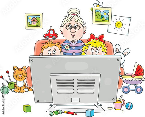 Grandma and her happy little grandson, granddaughter and cat sitting on their sofa and watching TV in a room with toys and pictures on a wall, vector cartoon illustration on a white background