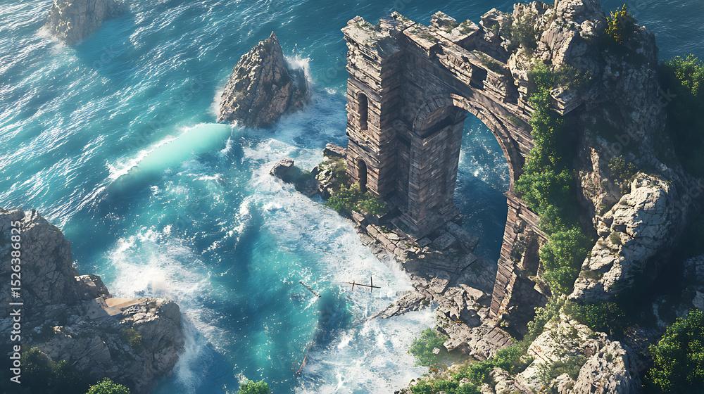 Bright floral display surrounds mediterranean arch to ocean high resolution picture Bright floral display surrounds mediterranean arch to ocean high resolution picture