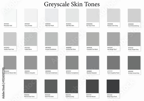 26 Greyscale Skin Shades - 3d Light Faded Greyscale Skin Gray to Deep Dark Tones - with HEX Codes and Names, Colour Swatches, Scheme and Combinations