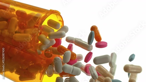 Super Slow Motion of Falling Medicine Dose with Various Pills at 1000fps. Pharmacy concept.