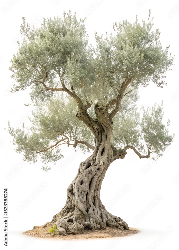 Fototapeta premium Olive Tree Isolated – Detailed Mediterranean Botanical with Gnarled Trunk and Silvery Leaves