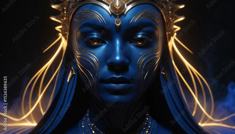 Mystical Blue Goddess Portrait Fantasy Art Golden Accents Dark Background Mystical Blue Goddess Portrait Fantasy Art Golden Accents Dark Background