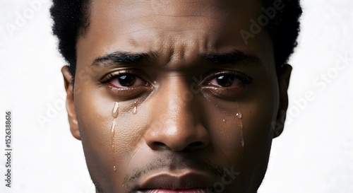 African man crying with visible tears and emotional expression against white background