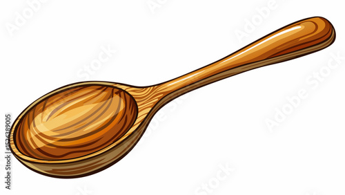 A smooth, natural wooden spoon captured close-up against a white background. The grain texture adds warmth, perfect for rustic cooking or traditional kitchen vector scenes.

