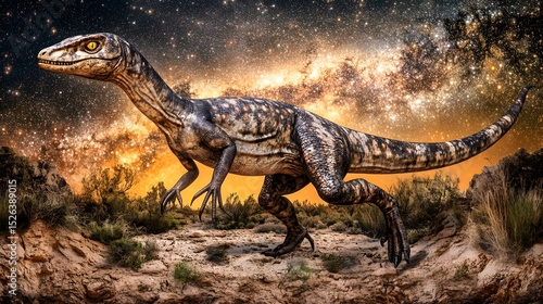 A large dinosaur walking through the arid desert landscape under a bright blue sky and sun