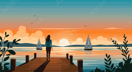 Woman walking on wooden pier at sunset by the lake with sailboats  