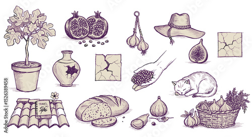 Hand-drawn illustrations of farm produce and items on white background  