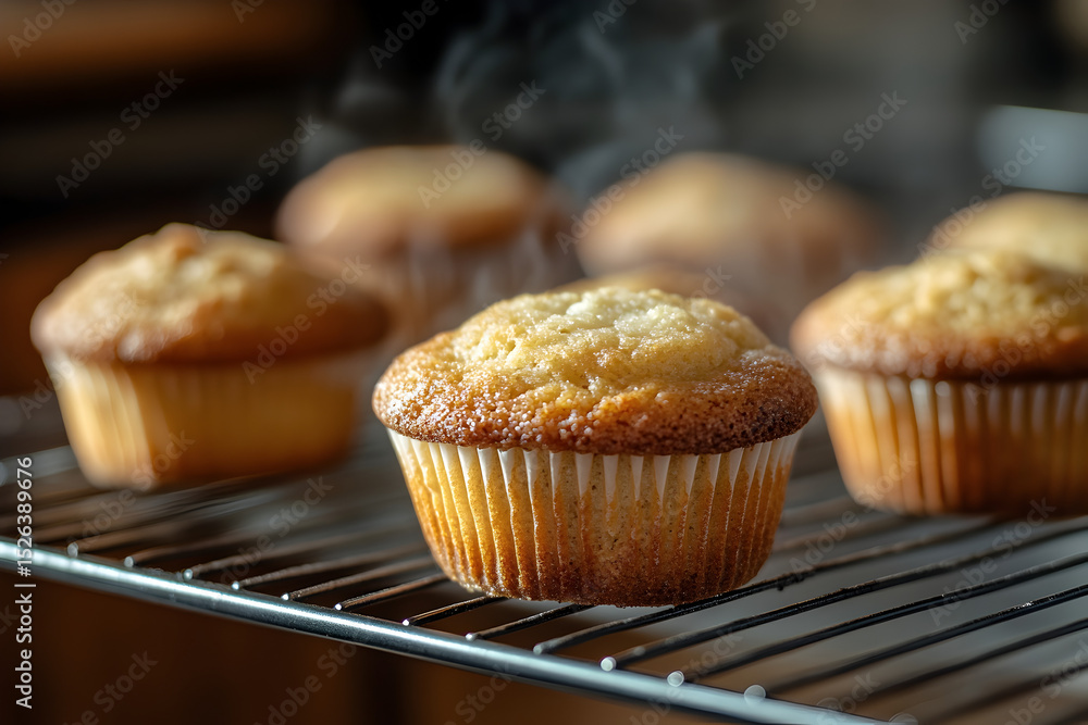 Warm baked muffin resting on a wire cooling rack with steam. Warm baked muffin resting on a wire cooling rack with steam.