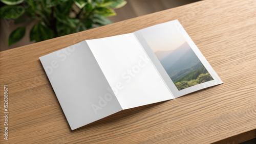 Brochure layout on wooden table with landscape photo inside  