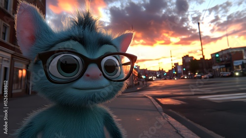A charming cat wearing glasses with a quirky personality against a bright and cheerful background
