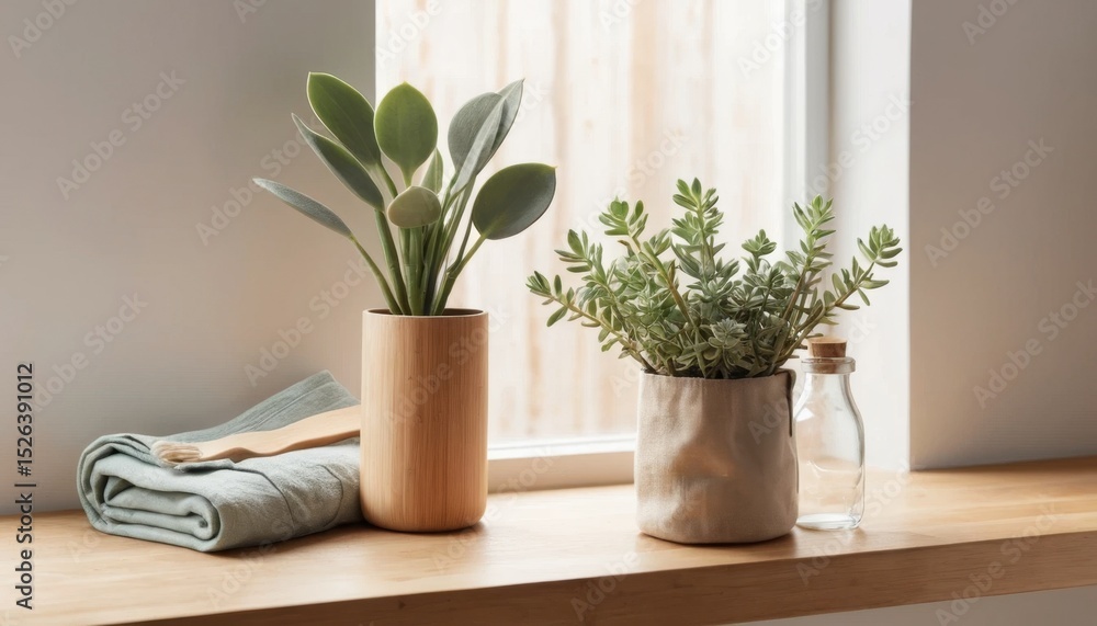 Fototapeta premium Tranquil Home Decor Succulents Plants Linen on Wooden Windowsill