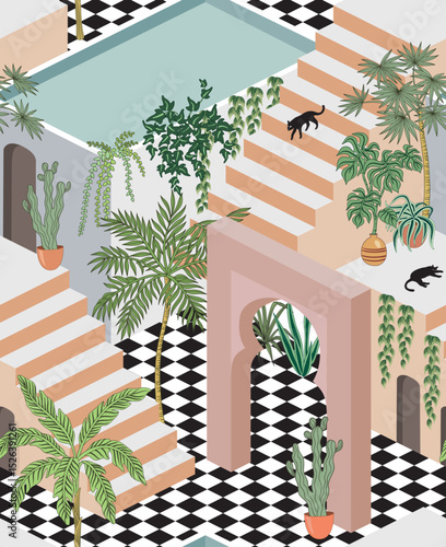 Black cat on the stairs, tropical palms, banana tree, cactus, plant isometry seamless pattern. Jungle house, arch summer graphic wallpaper.	