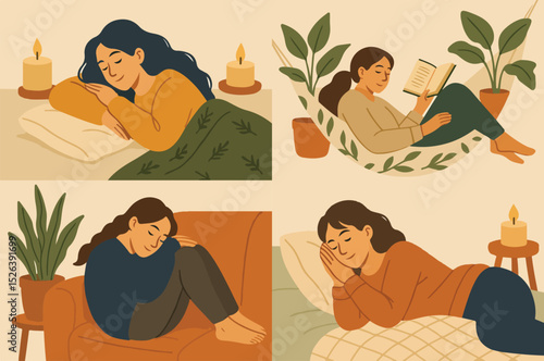 Cozy women relaxing at home illustration set
